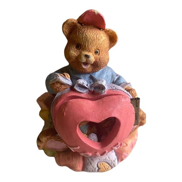 Vintage Resin Bear Holding Hinged Heart Baby Bears Inside Love Home Decor Figure - Picture 1 of 6